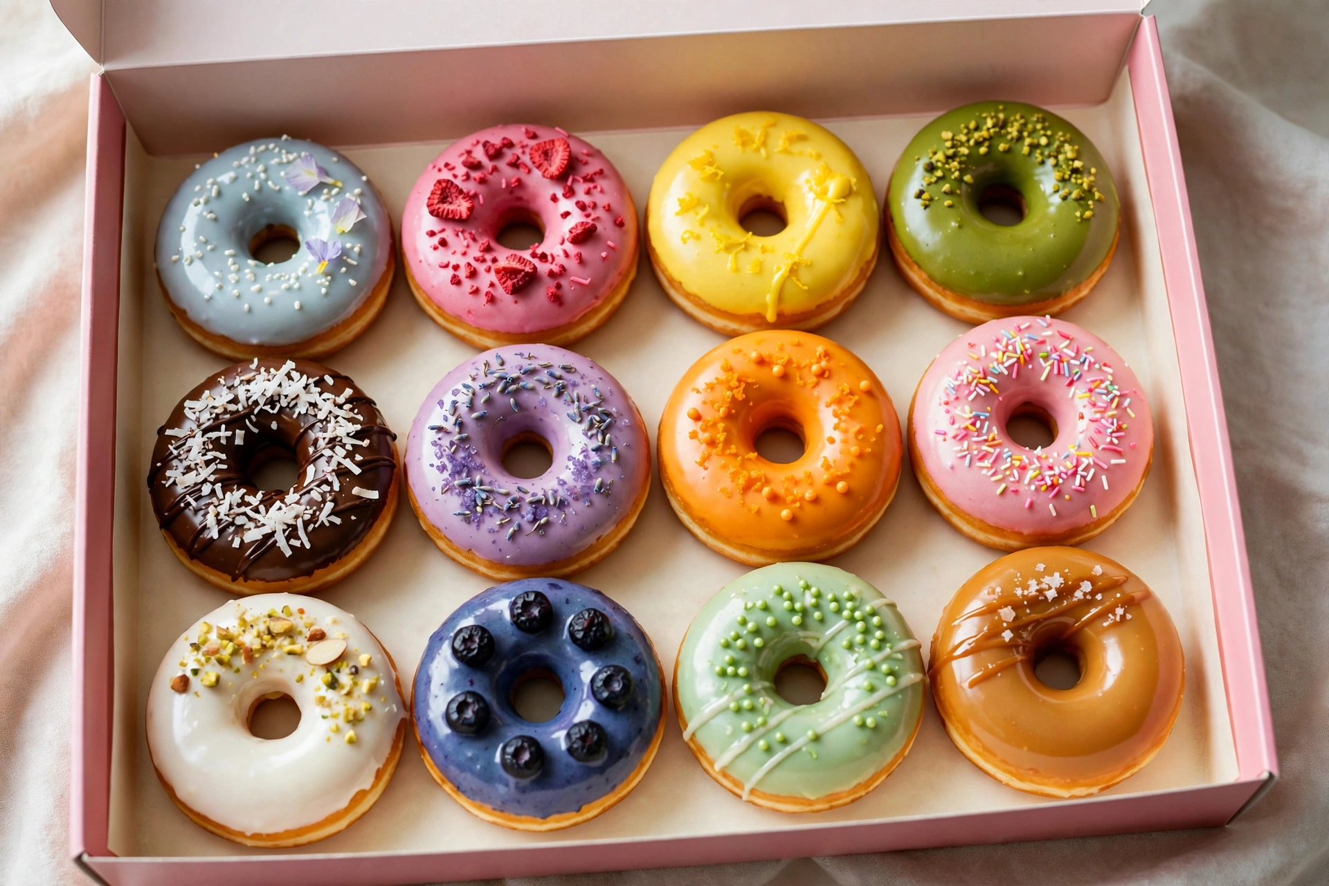 Open catering box with twelve colourful donuts neatly arranged