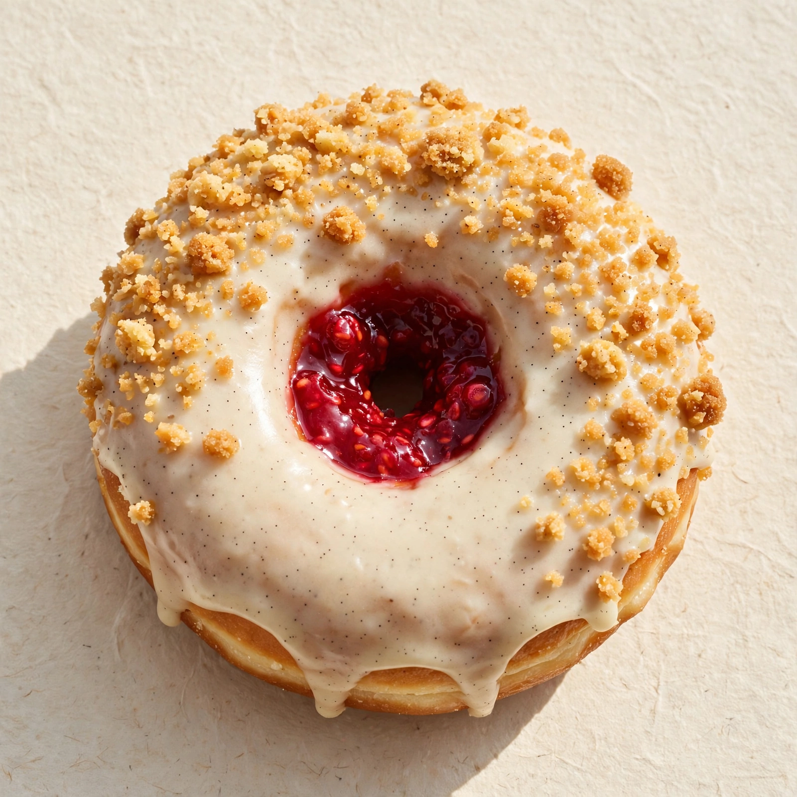 Hole in One donut with vanilla bean glaze, golden crumb and raspberry centre