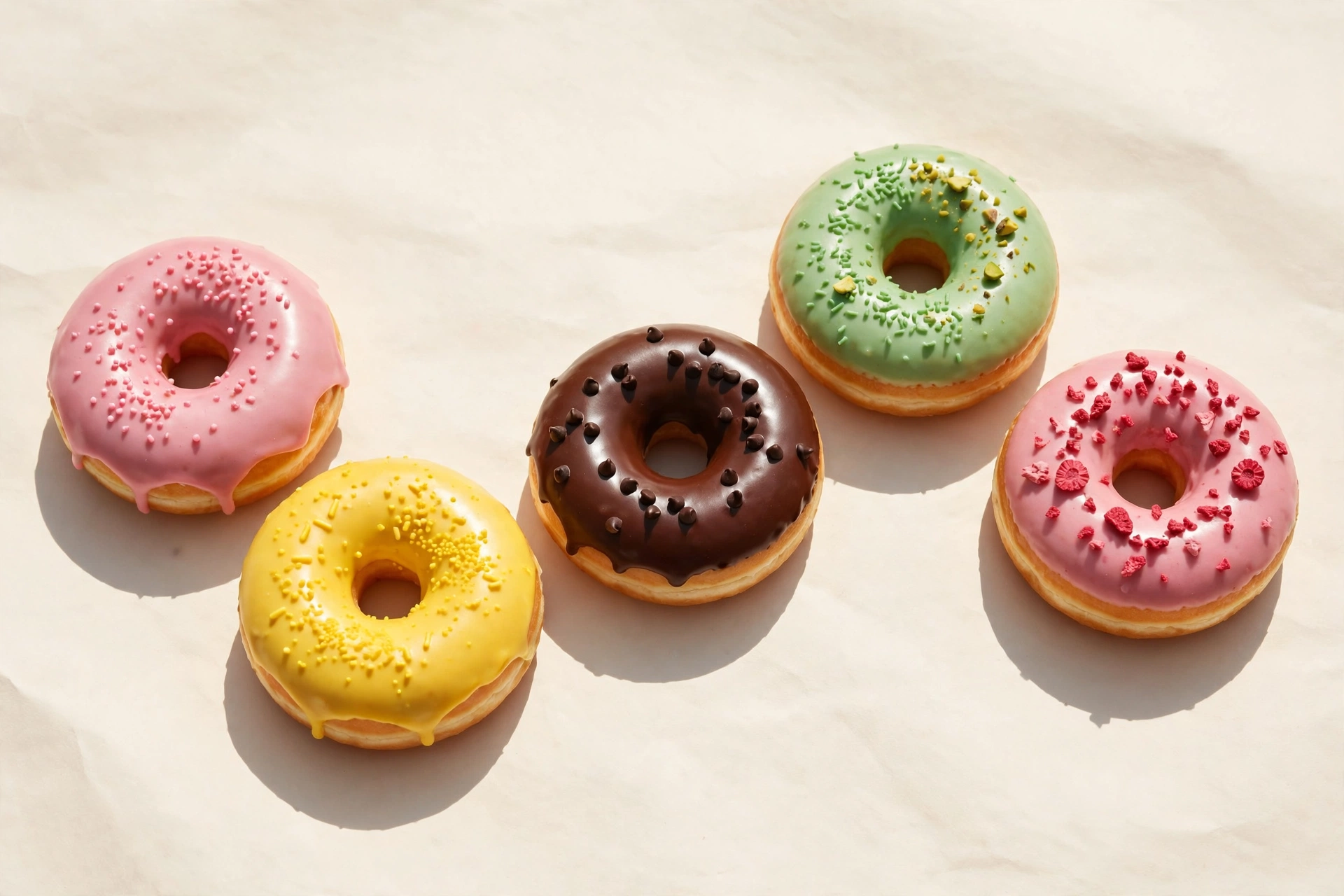 Five colourful glazed donuts on cream paper - pink, yellow, chocolate, mint and raspberry