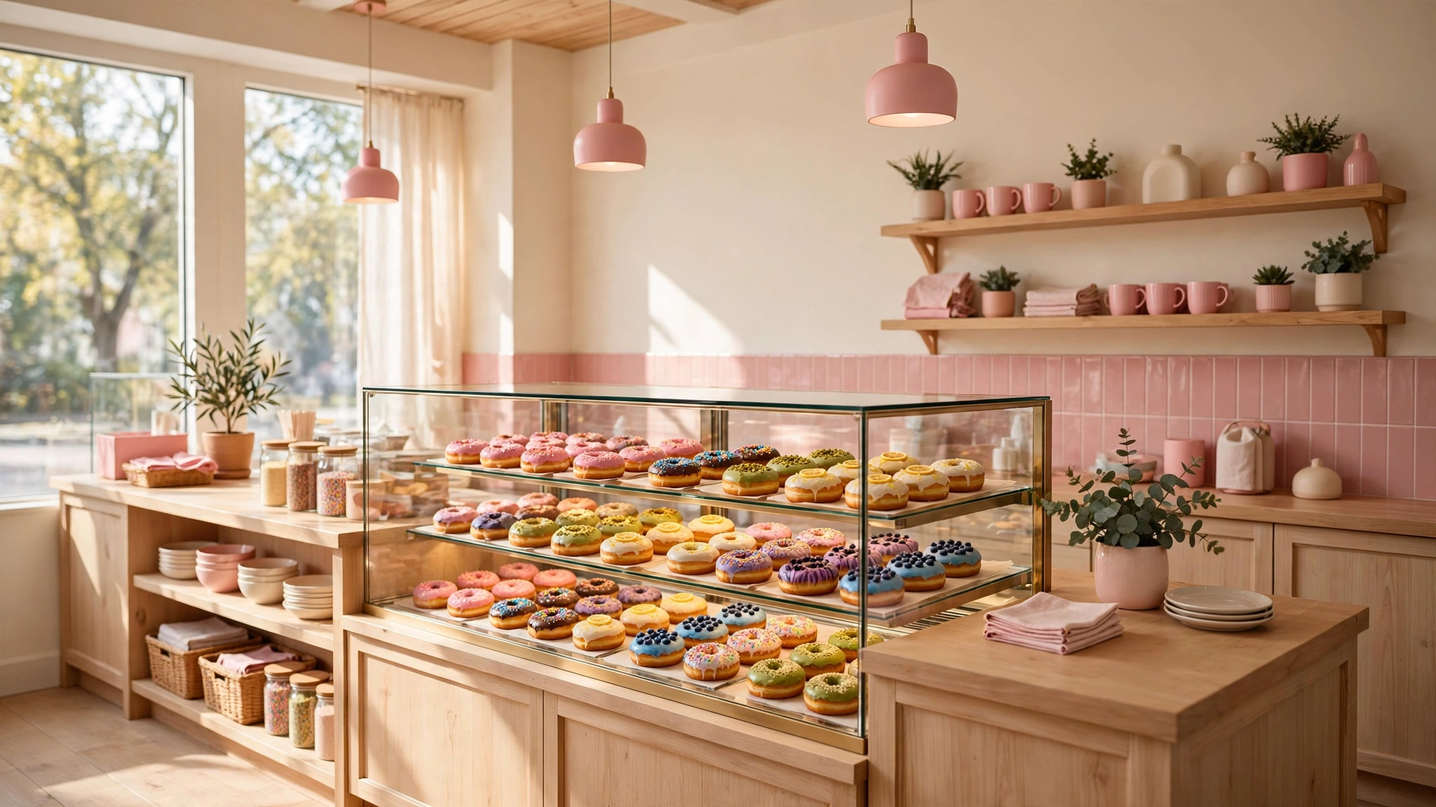Bright boutique donut shop interior with cream walls, pink accents, timber and glass display